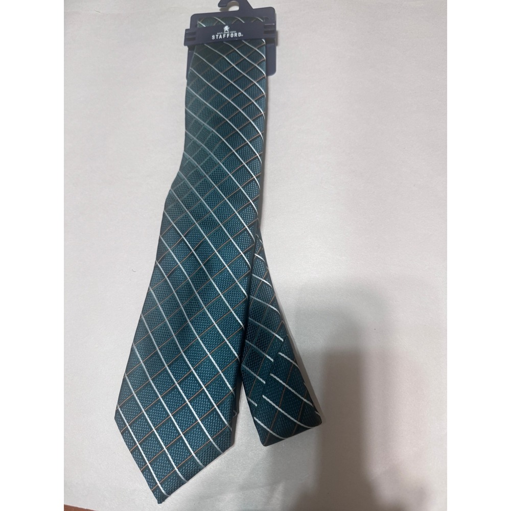 Stafford Mens Tie Jade Forest Green Geometric Grid Plaid Necktie New